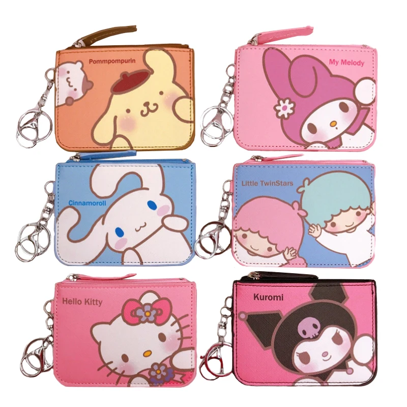 

Sanrio Kawaii Cartoon Bag Cinnamoroll Melody Pachacco Pom Pom Purin Kuromi Leather Card Holder Cute Coin Purse Keychain Pendant
