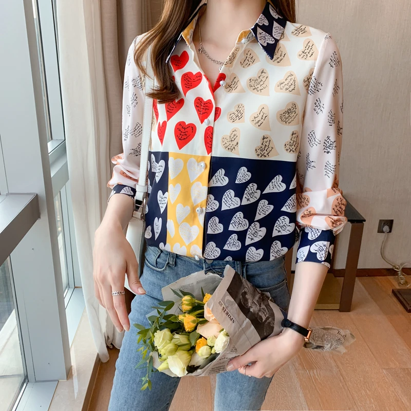 

Print Chiffon Women's Blouse Casual Polo Shirt New Korean Loose Long Sleeve Top Summer Button