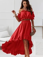 elegant women summer ruffled backless dress sets fashion solid casual puff sleeve strapless short top long skirt two pieces suit