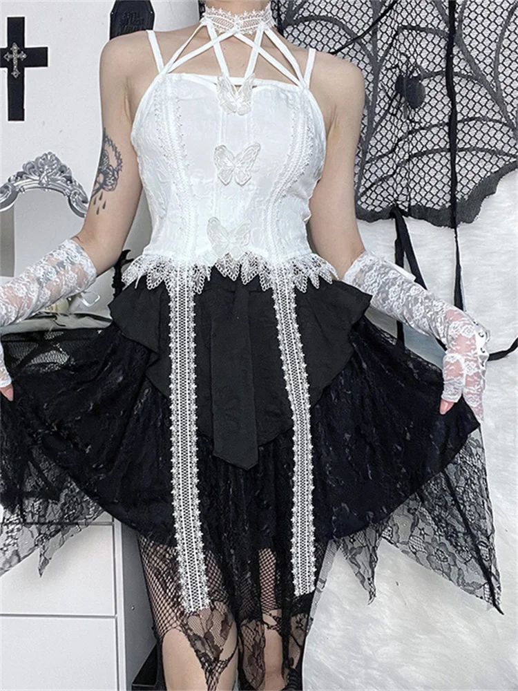 

Street Dark Style Lace Temperament Mini Skirt Harajuku Vintage High Waist Y2K Grunge Stitching Fluffy A Swing Solid Color Skirts