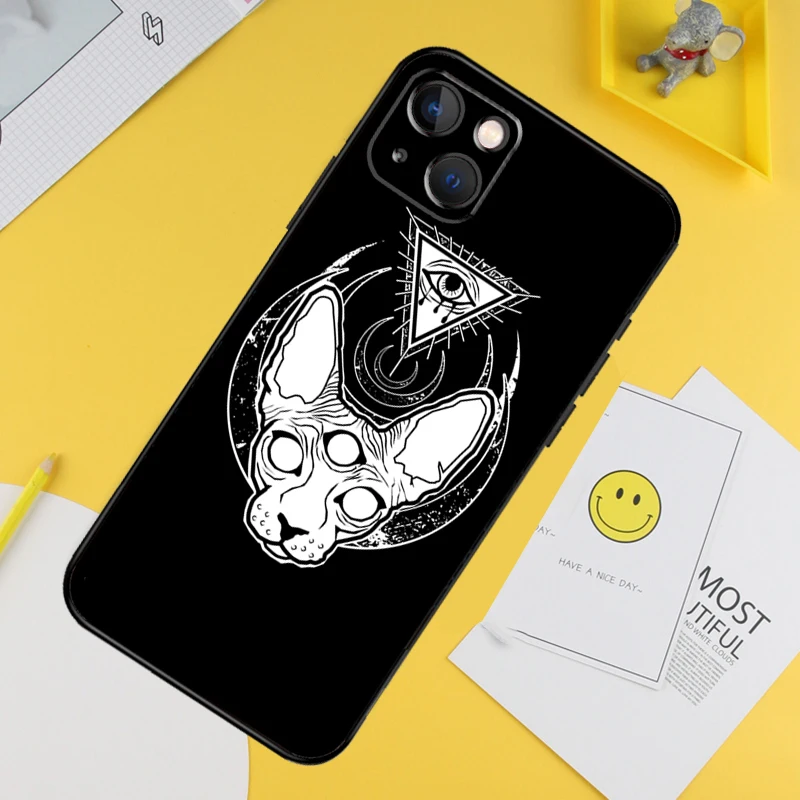 Фото Чехол для телефона Tattoo Sphinx Cat для iPhone 16 Pro 15 Pro 13 12 Mini 11 14 Pro Max XR 16 15 Plus 16e Cover Coque №4