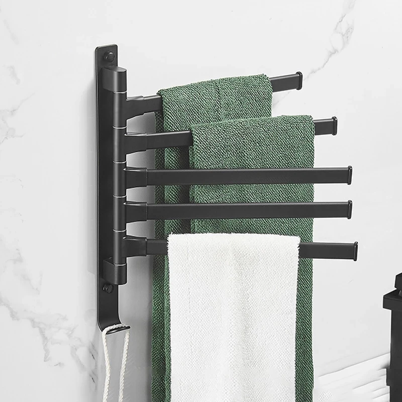 

Black Towel Bar 5 Rods Bathroom Towel Hanger Space Aluminum Rotating Hanger Towel Rack Kitchen Wall-Mounted Towel Holder