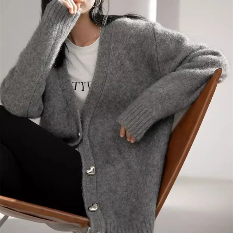 

Korean Heart Buttons Mohair Sweater Autumn Loose Solid Color Women Knitted Cardigan Oversized Ladies Elegant Simple Jumpers T088