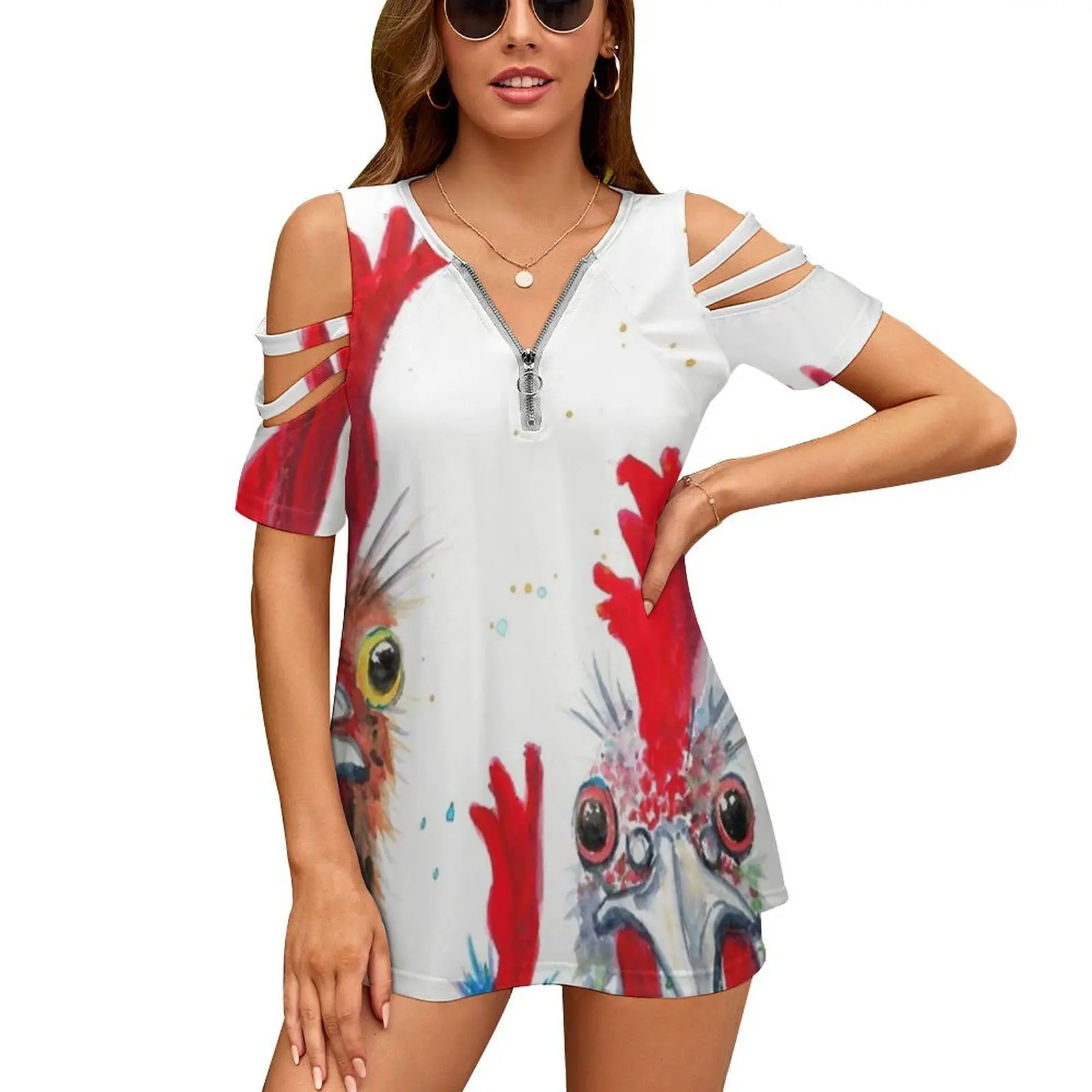 

Chicken Ladies , Hen , Chicken , Rooster , Bird New Fashion Zip Off Shoulder Top Short-Sleeve Women Shirt Chicken Rooster