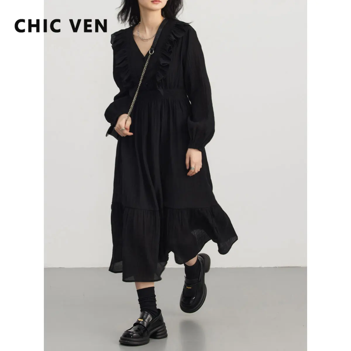 CHIC VEN New Womens's Dresses Black Long Sleeve Mushroom Edge V-Neck Dress for Women Spring 2023 Woman Clothing