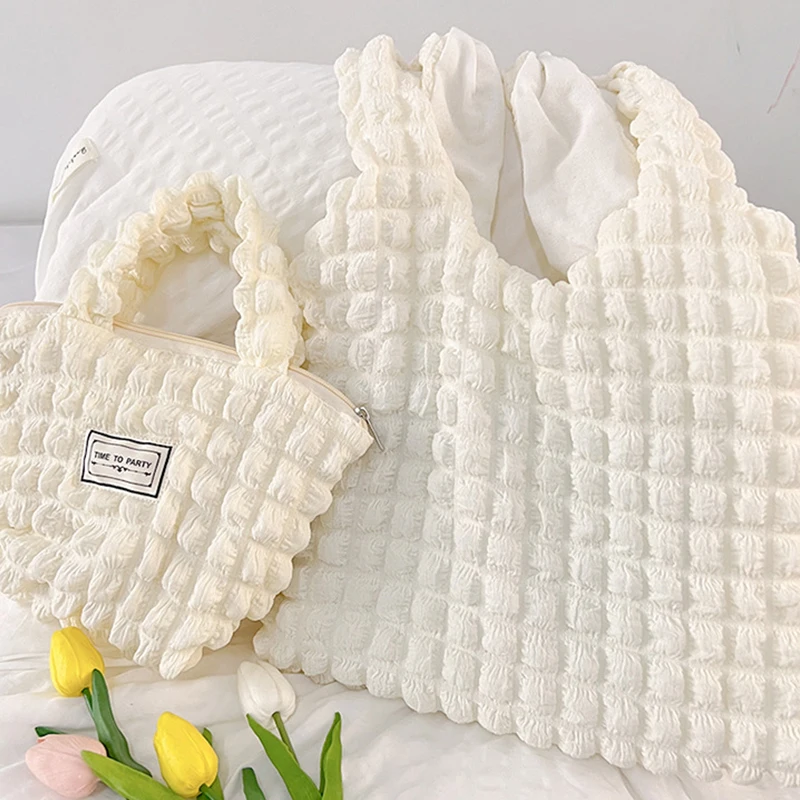 Korean Style Bubble Chiffon Women Shoulder Bag Fashion Sweet Large Capacity Handbag Lattice Girl Heart Bag For Daily Commute