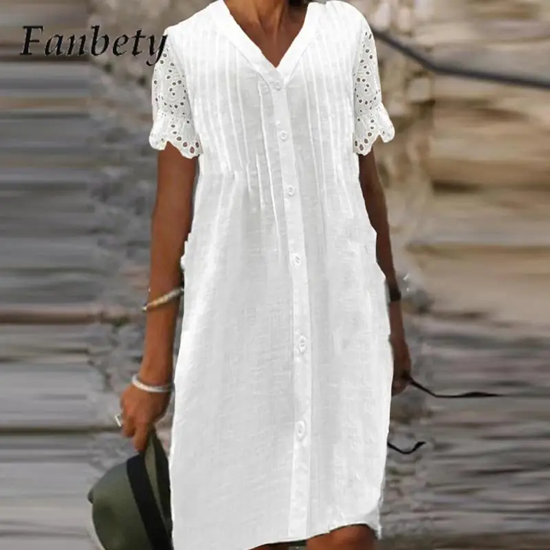 

Women Elegant Embroidery Lace Party Dress Summer Fashion V-Neck Dress Office Ladies Casual Short Sleeve Button A-Line Dresses