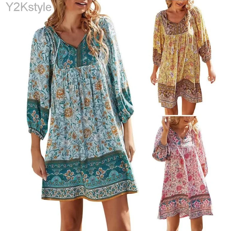 

2023 Fashion Beach Boho Vintage Floral Print A-Line Dress Summer Fall Casual Women Long Sleeve Tie Up V Neck Loose Mini Dress