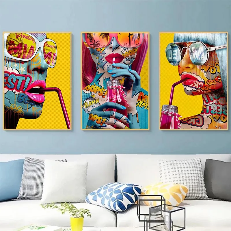 

Modern Fashion Girl Drinking Poster Wall Art Paintings Cool Wearing Sunglasses Picture for Home Living Room Decoration Frameless