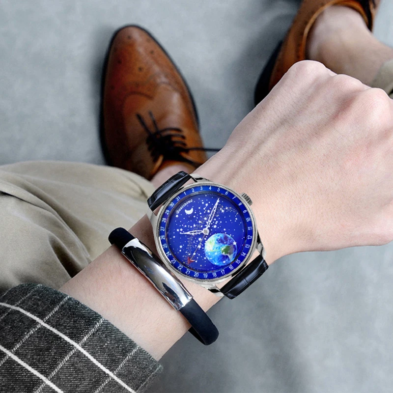 Продажа Новинка 2022, часы Moon Leather Japan Miyota8215 Move Men T автоматические мужские часы со звездным небом и циферблатом, роскошные механические наручные часы с ...