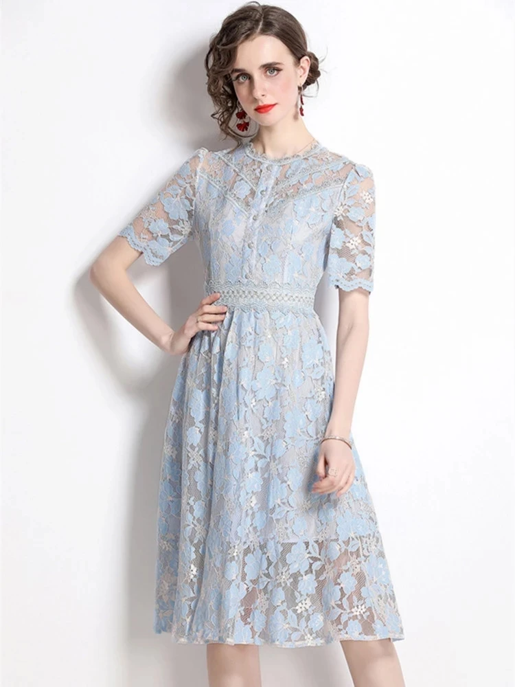 

New Runway Sky Blue Lace Dress Women 2022 Summer Elegant Short Sleeve A Line Midi Dresses Female Clothing Vestidos