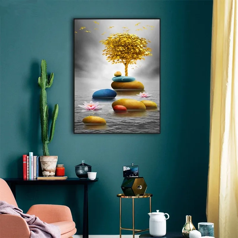 

Golden Tree Stone Scenery Canvas Print Modern Wall Art Interior Painting Aesthetic Living Room Decor Luxury Home Decoration