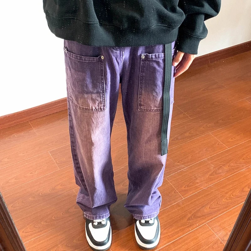 Pink Green Purple Baggy Jeans Men Fashion Retro Casual Straight Jeans Men Streetwear Hip Hop Loose Denim Pants Mens Trousers