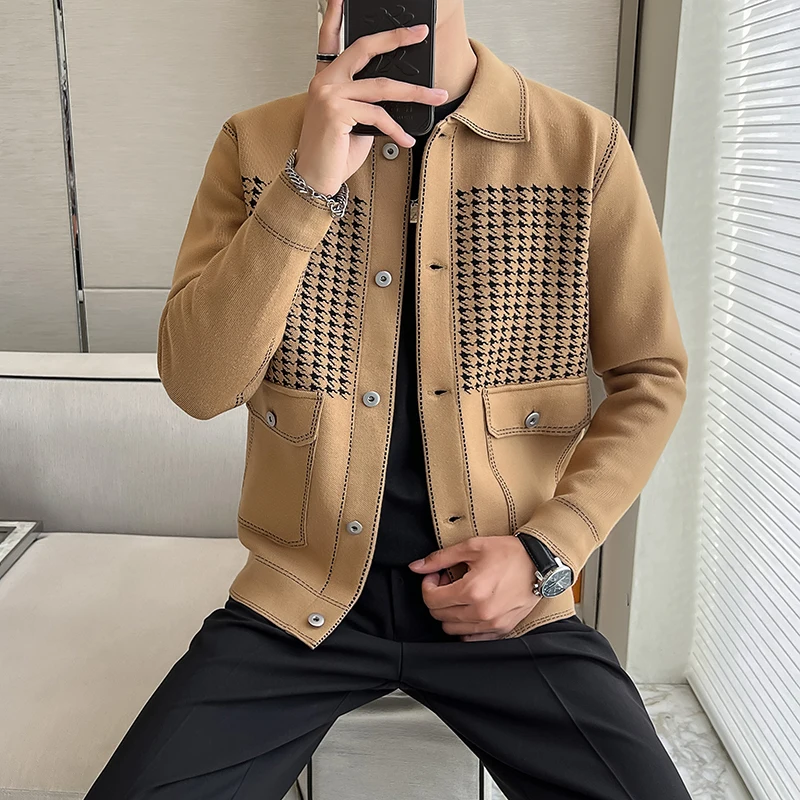 

Autumn Winter New Fashion Houndstooth Cardigan Sweaters For Men Clothing 2022 Turn Down Collar Slim Fit Casual Knitted Jackets