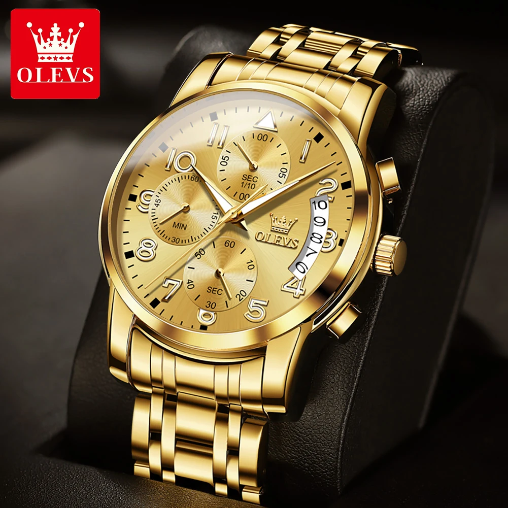 

OLEVS Classic Quartz Watch for Men Luxury Brand Luminous Calendar Chronograph Waterproof Golden Stainless Steel Men's Wristwatch
