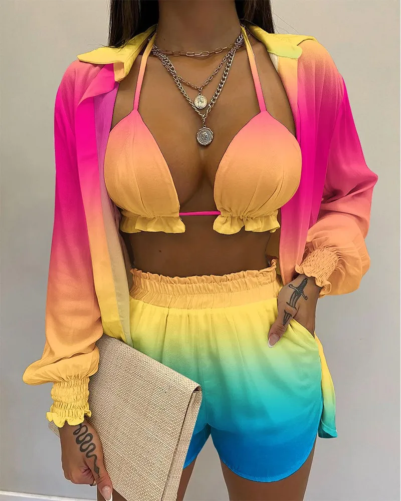 

Women's Sexy 3-Piece Suit Summer 2022 Beach Style Boho Floral Print Three-Piece Tracksuit Woman Holiday Casual Shirts+Shorts Set