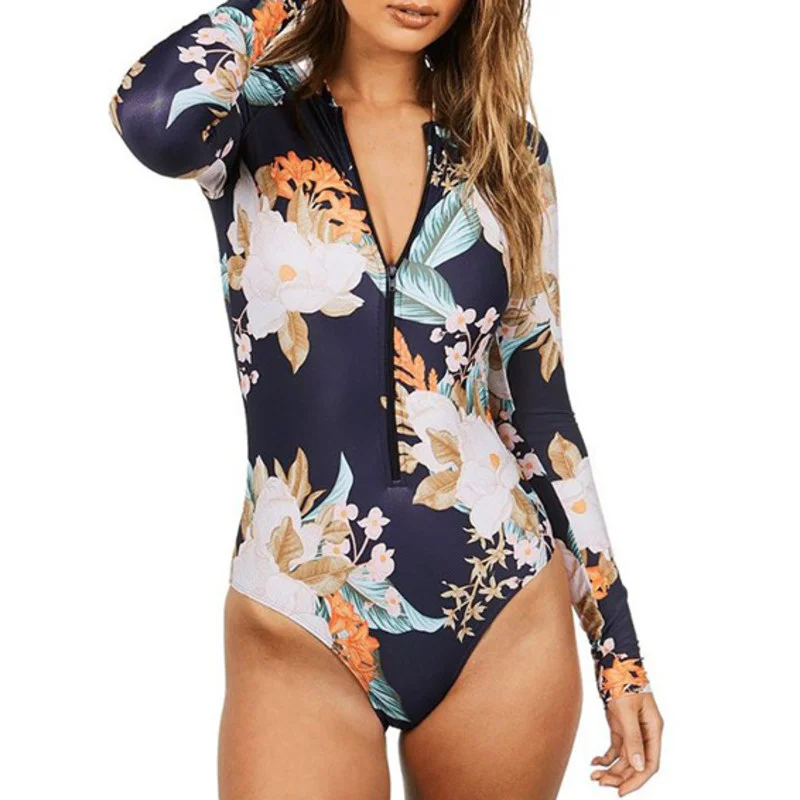 

Summer Zipper One Piece Swimsuit Floral Long Sleeve Swimwear Sports Women Swimming Bathing Suit Beach Bather Surfing Swim Suits