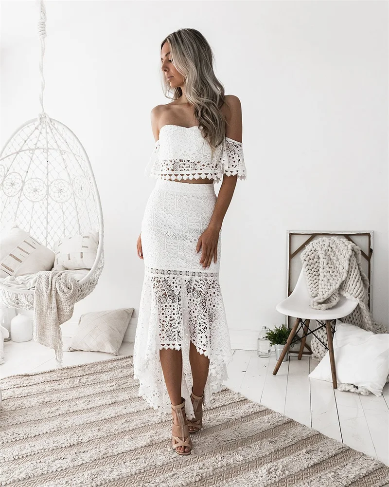 

Sexy European American Female Dress Sets Casual Elegant Fashion Lace Two-piece Sets Off Shoulder Crop Top Pencil Skirt Suits