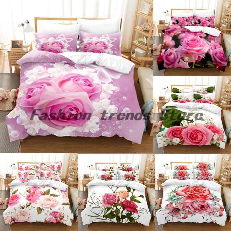 

Pink Rose Bedding Set Linens Quilt Duvet Cover Comforter 3D Pillow Case Double Full King Queen Twin Single 3PCS 2PCS Home Texile
