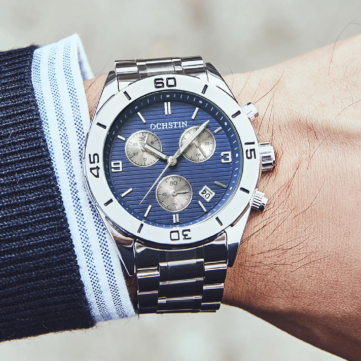 

OCHSTIN Blue Multi Function Quartz Watches Sport Casual Stainless Steel Band Wristwatches for Men with Luminous Hands Clock Male