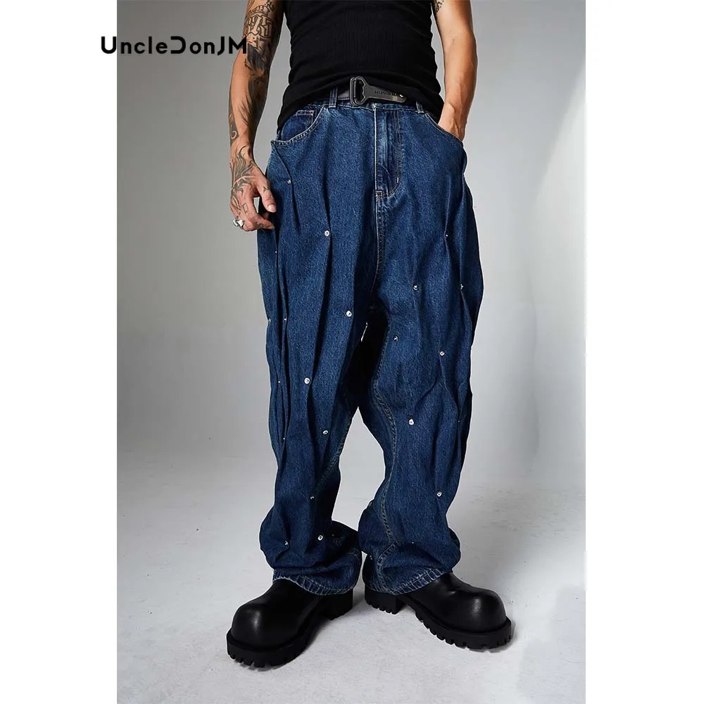 

Blue Rivets Handmade Wrinkles Jeans Heavyweight Baggy Jeans Hip Hop Y2k Men’s Jeans Denim High Quality Original Design