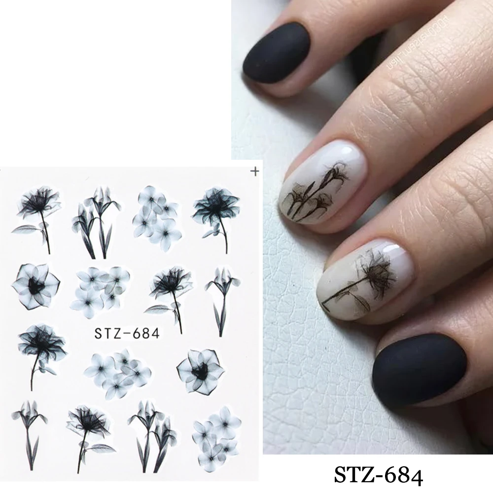 Лавандовая наклейка для ногтей весенний цветок водная роза пион черные листья