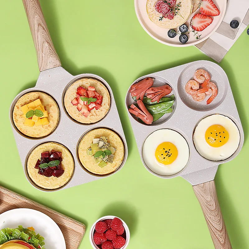 

Каменная антипригарная сковорода Maifan, сковорода с 4 отверстиями, стейк, яйцо, блинчики, утолщенная сковорода с деревянной ручкой для кухонной утвари