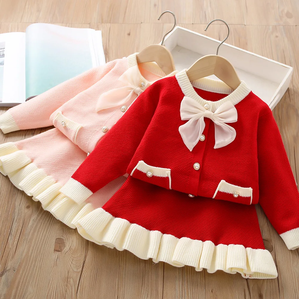 

Childrens Sets Girls Sweater Autumn New Bow Knot Knitting Princess Style Two Piece Set Striped Round Collar Button Decorate