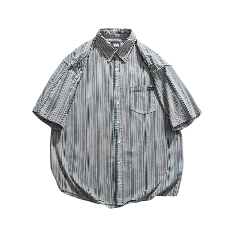 

High Quality Men Shirt 2023 Short Sleeve Shirt Stripes Print Single-breasted Square Collar Summer Cardigan Shirt for Man Q55