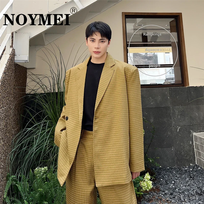

NOYMEI Khaki Plaid Men's Blazer Temperament Single Breasted Fashion Korean Style Turn-down Collar 2023 New Suit Coat WA798