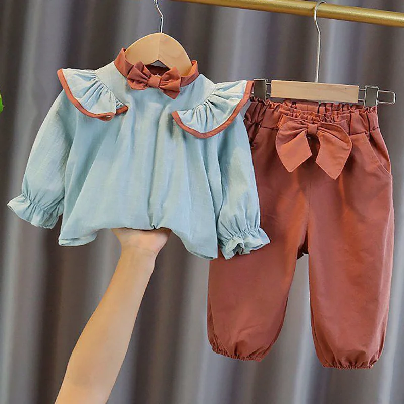 

Spring Autumn Bowknot Girls Clothes Sets Blouses Tops + Bloomers Pants Outfits For Children Clothes Set Sweet Kids Clothing 2Pcs