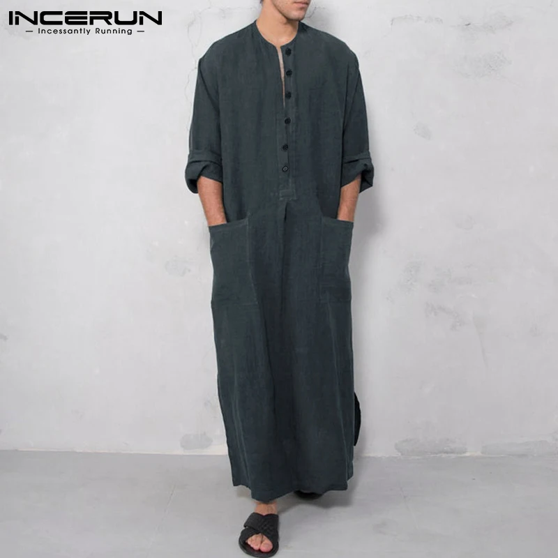 INCERUN Men's Jubba Thobe Islamic Arabic Muslim Kaftan Long Sleeve Solid Comfortable Pockets Saudi Arabia Mens Abaya Robes S-5XL