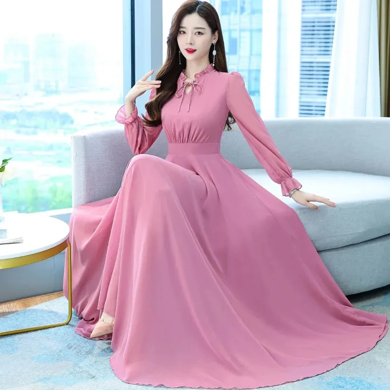 

Chiffon Dress Women 2023 New Spring Long Solid Color Stand Collar Fashion Temperament Slimming Large Swing Long Skirt Female