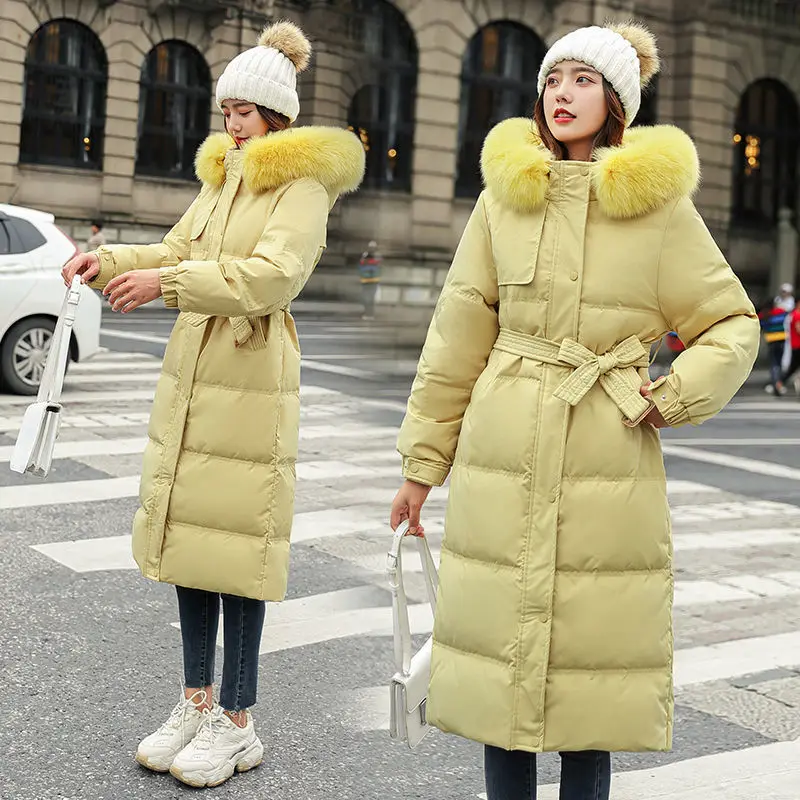Korean Version of The White Duck Down Real Fox Fur Collar Down Jacket Women's Mid-length New Winter New Waist Slim Coat Winter