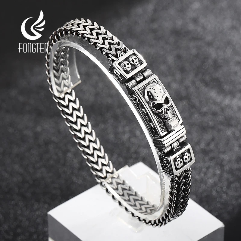 

Мужской браслет Fongten с черепом из нержавеющей стали 316L, ручная сетка, звеньевая цепь, скелетоны, браслеты для мужчин, панк, искусственные юве...