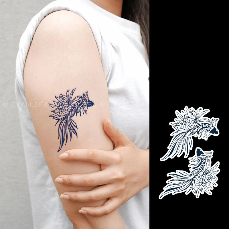2022 New Chrysanthemum Goldfish Waterproof Juice Tattoo Stickers for Woman Man Body Arm Thigh Temporary Tattoos Fake Tattoo