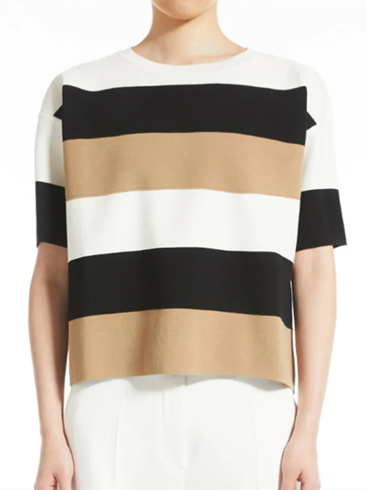 

Women Simple Stripes Loose Sweater 2022 new Round Neck Casual Short-sleeve Ladies knit Jumper Top