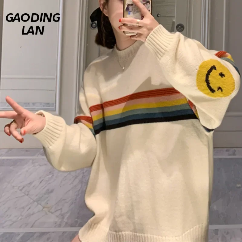 Свитера с круглым вырезом в радужную полоску похожие на элафине женские вязаные