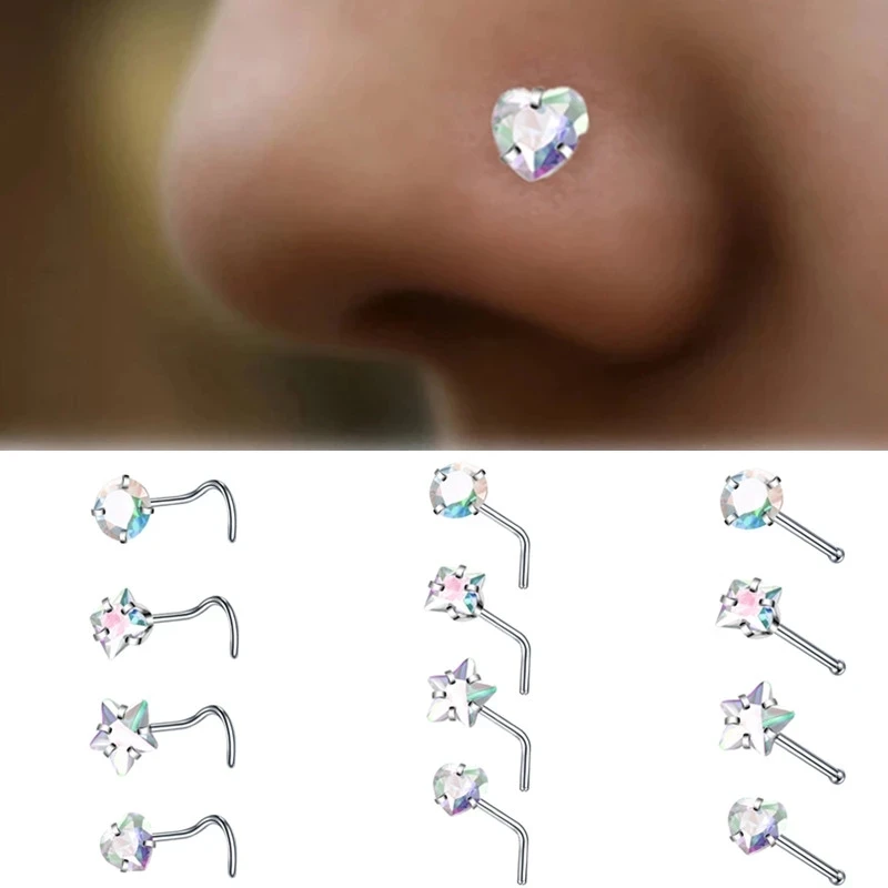 

4PCS Surgical Steel Heart Nose Ring Stud Pack Real Star L Shape Nose Piercing Stud Set Square Nose Rings Set Piercing Nariz Lote