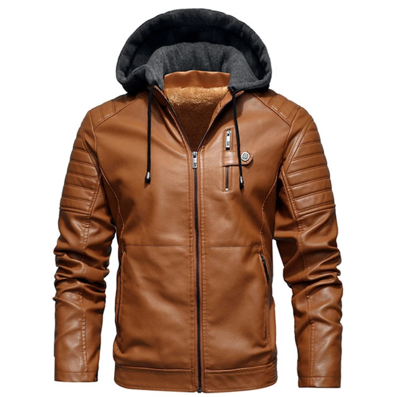 

Men's Fleece Liner PU Leather Jackets Coats with Hood Autumn Winter Casual Motorcycle Jacket For Men Windbreaker Biker Jackets