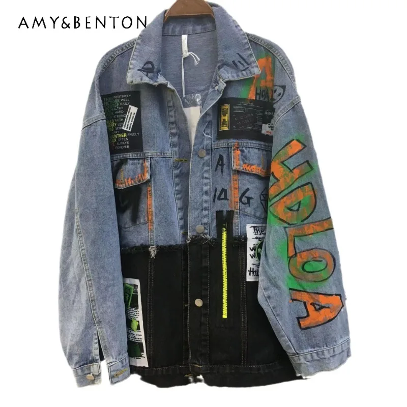 

Fashion Brand 2023 Autumn New Loose Casual Figure Crow Denim Jacket Single-Breasted Top Women's Clothing Jeans Coats Cadigan