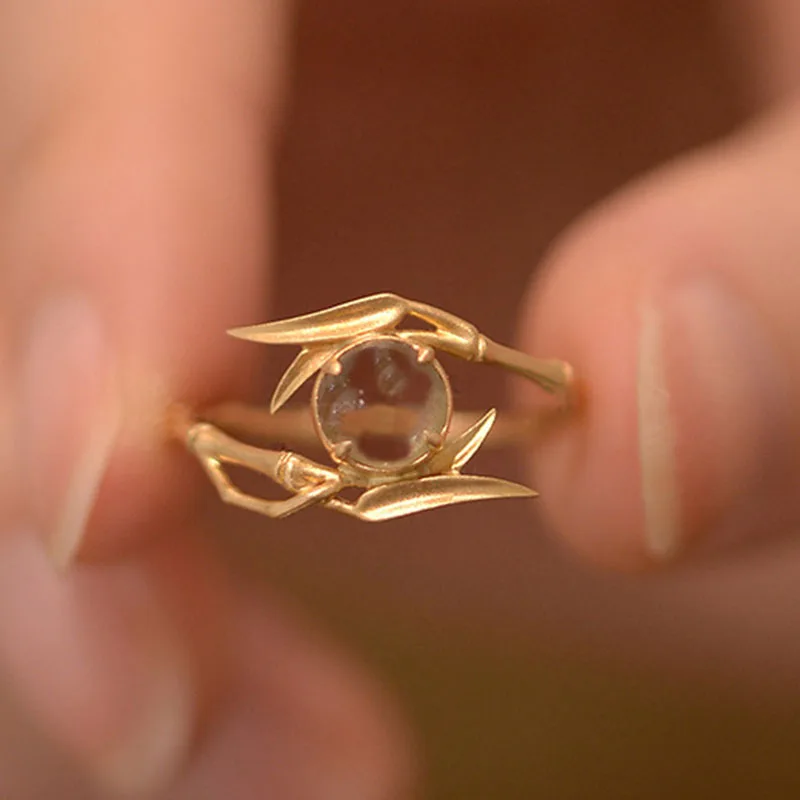 

VENTFILLE Gold Color Moonstone Ring for Women Girl Birthday Gift Irregular Bamboo Leaf Plant Jewelry Dropshipping Wholesale