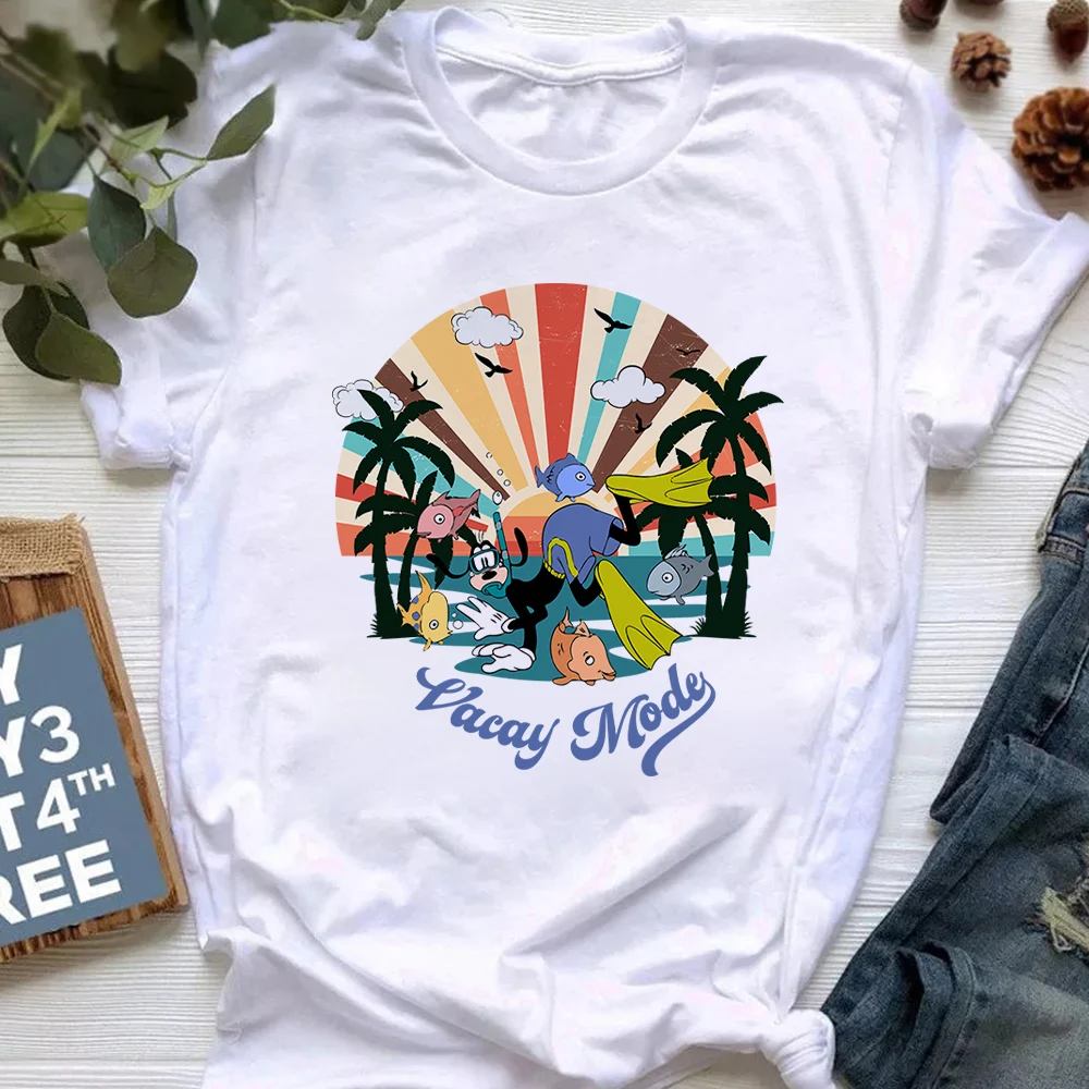 

Goofy Print Cartoon Disney Women T-Shirt Comfy Loose White Tops High Quality Female T Shirt Funny Graphic Vacay Mode Letter Tees