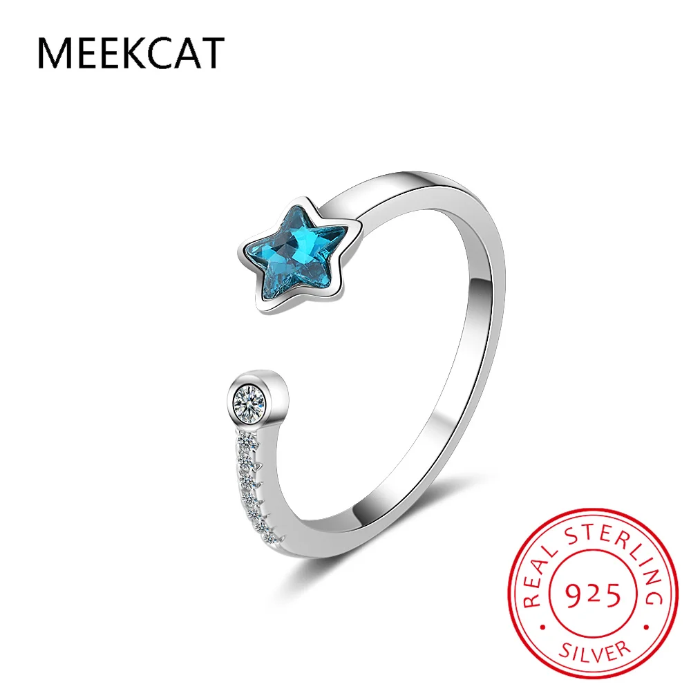 

Real 925 Sterling Silver Blue Star Ring Minimalist Shiny CZ Opening Rings For Daughter Women Birthday Gift Fine Jewelry DA3178