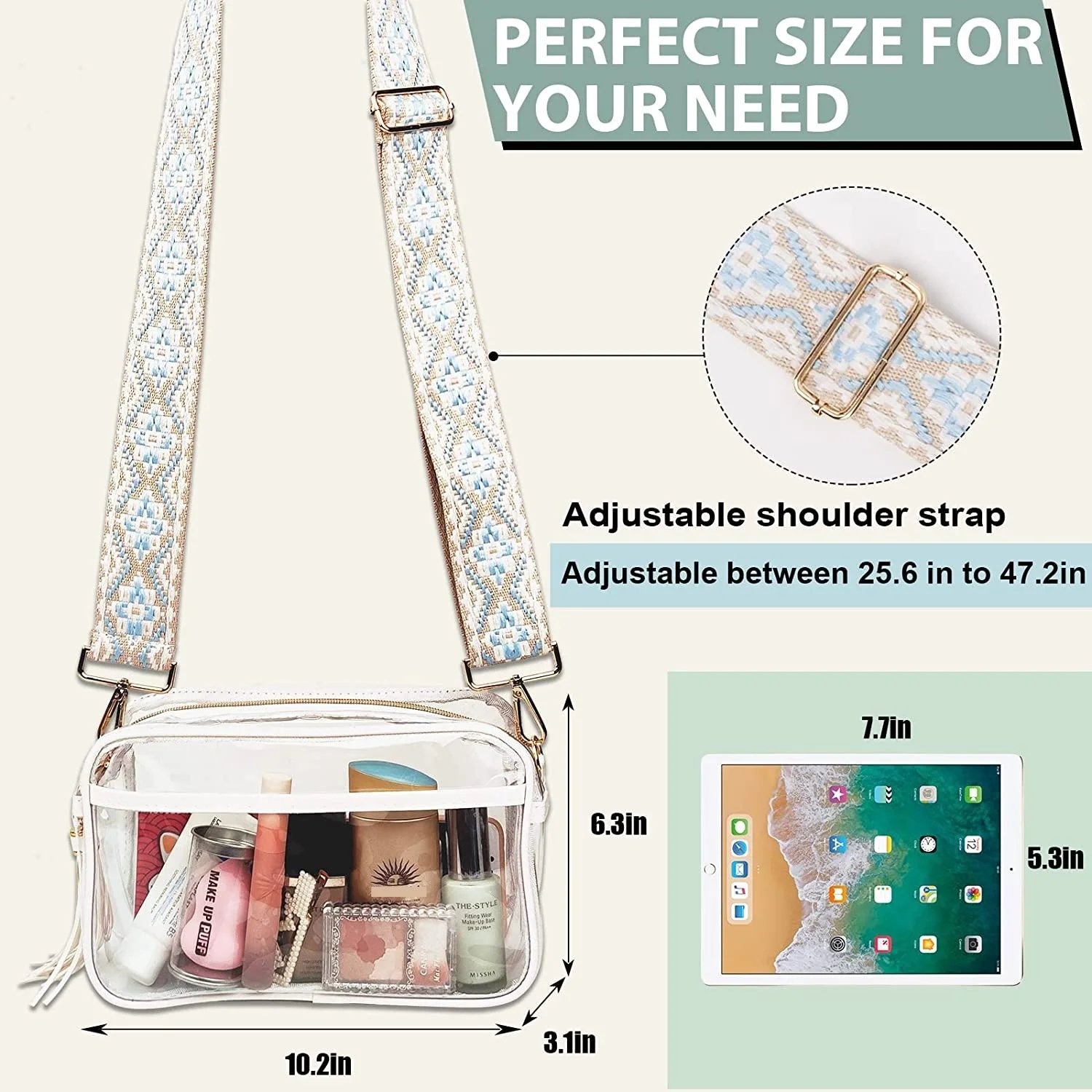 Women Courtney Gym Stadium Transparent PVC Crossbody Bag Clear Approved Purse With Guitar Strap with Zipper Top Bag For Concert