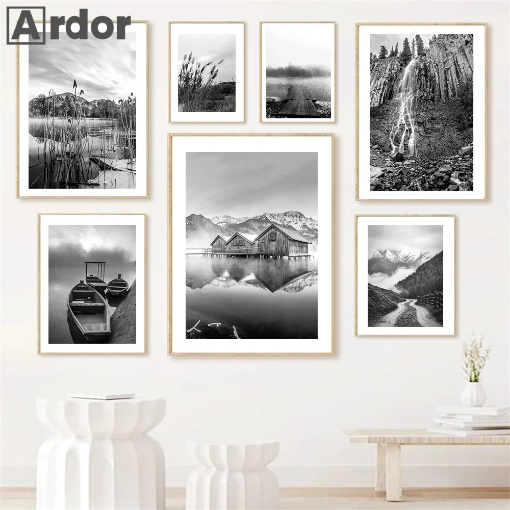 

Black And White Poster Lake Landscape Canvas Painting Boat Mountain Wall Art Print Reed Posters Nordic Wall Pictures Home Decor