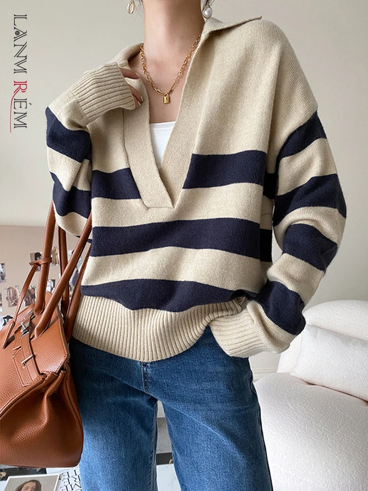 

[LANMREM] Simplicity Striped Knitting Pullover Sweater For Women V Neck Long Sleeve Casual Loose Tops Female 2023 Autumn New 26D