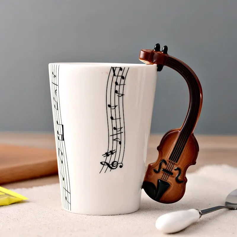 

Novelty 250ml Ceramic Cup Piano Violin Guitar Mug Personality Music Note Milk Juice Lemon Mug Coffee Tea Cup with Handle Gift