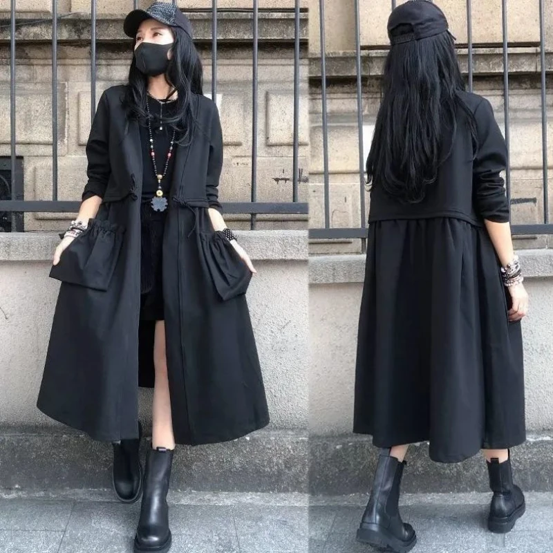 

Тренчкот женский длинный свободного покроя, модный кардиган, модная верхняя одежда, черный, на весну-осень