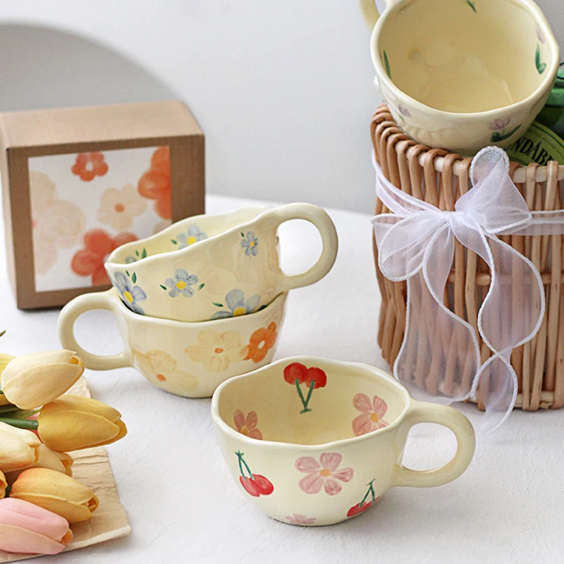 

Flower Hand-painted Cup Cup Mug Water Hand-hold Oatmeal Coffee Cup Underglaze Cup Korean Retro Home Mug Breakfast Color